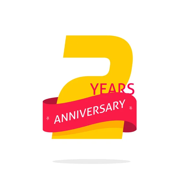 2 anni modello logo anniversario isolato su bianco, numero 2 etichetta icona anniversario con nastro rosso, due anni di compleanno sigillo vettore simbolo clipart — Vettoriale Stock