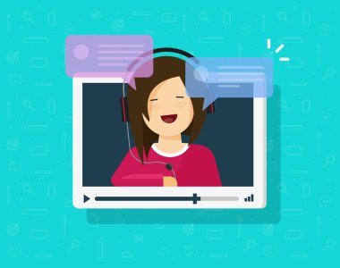 Video online vektör çizim, mutlu kız ve kabarcık konuşmaları iletileri, konuşma ile düz çizgi film video oynatıcı pencere sohbet kavramı on-line sohbet app, Internet talk çağrı clipart