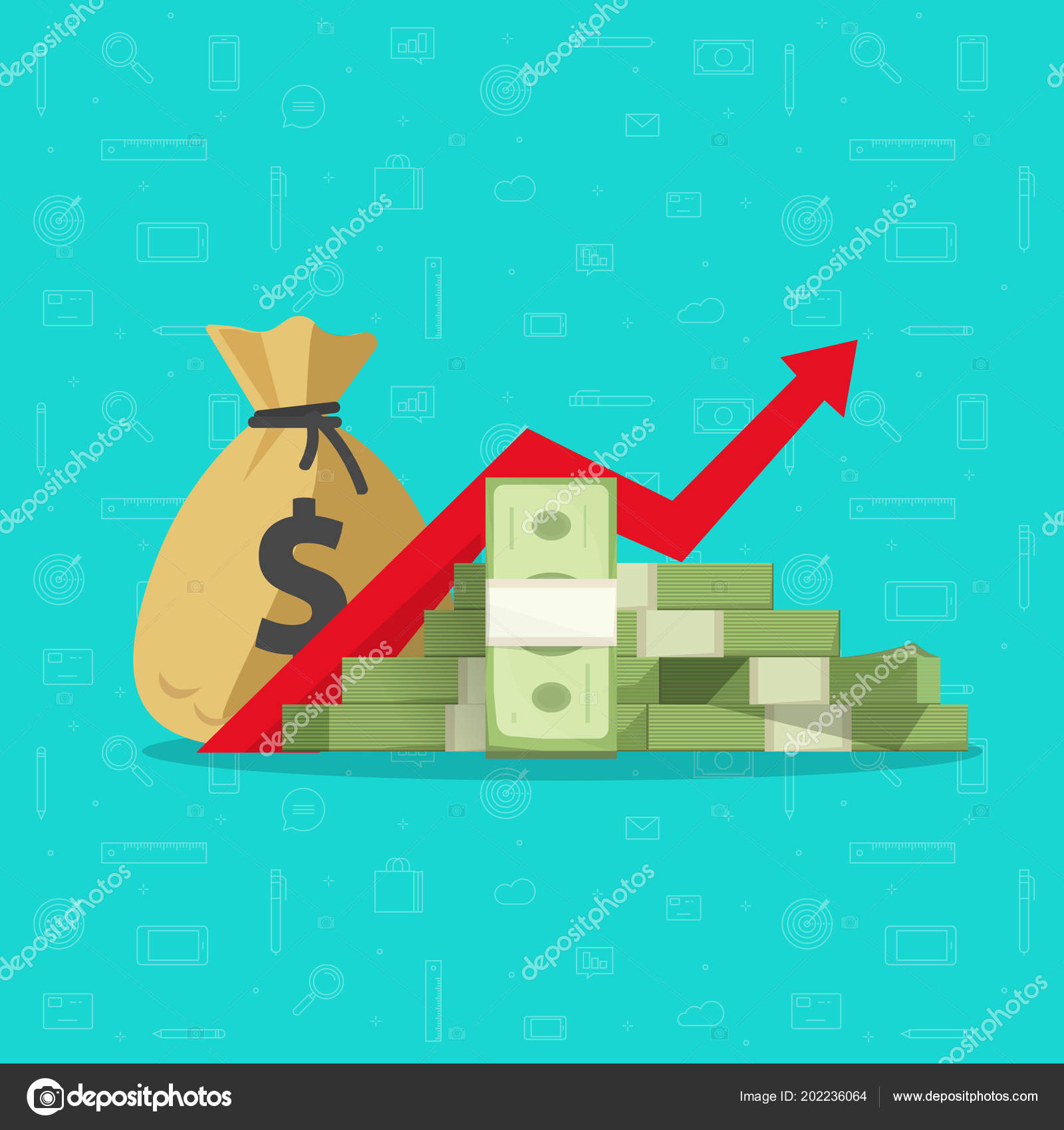 利益金または予算ベクトル イラスト、ペーパー現金のフラット漫画山、上昇グラフ上矢、ビジネスの成功、経済や市場の成長、投資収益、利益の概念  ストックベクター ©vladwel 202236064