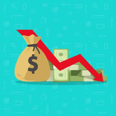 Para kaybı vektör çizim, düz çizgi film kağıt para ile ok hisse senedi grafiği, finansal kriz, piyasa aşağı düşmek, iflas, ekonomik durgunluk, yatırım giderleri, kötü ekonomi azaltma clipart