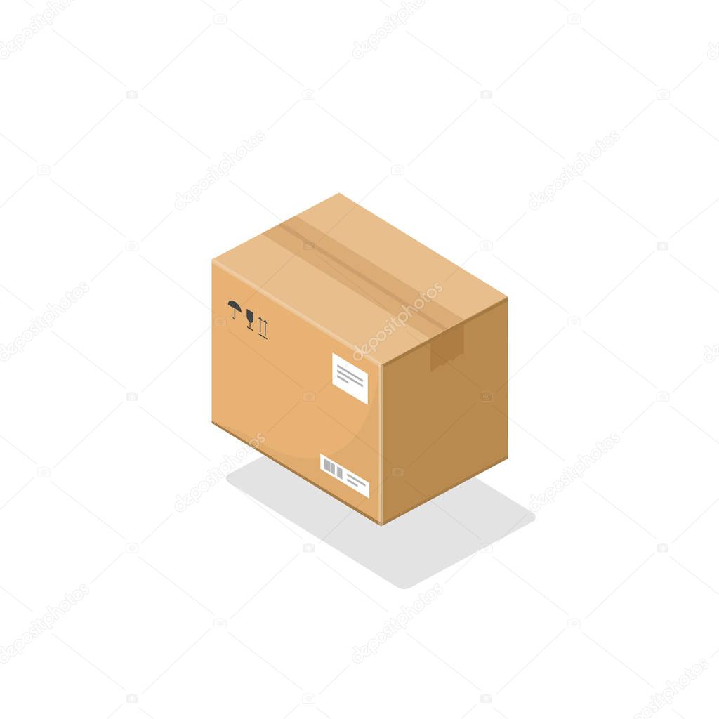 Parcel box isometric vector icon, 3d cartoon cardboard package paper box isolated on white background clipart