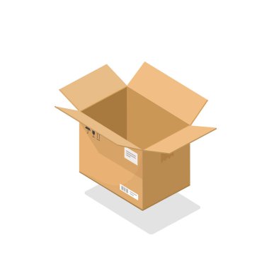 Açık vektör çizim, karikatür 3d izometrik karton kutu açıldı, boş bir paket izole clipart parsel