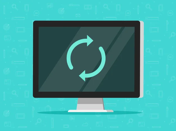 Datorn uppdateras vektorillustration, platt tecknad pc med synkronisera runda pilar på skärmen, idén om anslutande framsteg process, uppdatering av data, system refresh, computing processen — Stock vektor