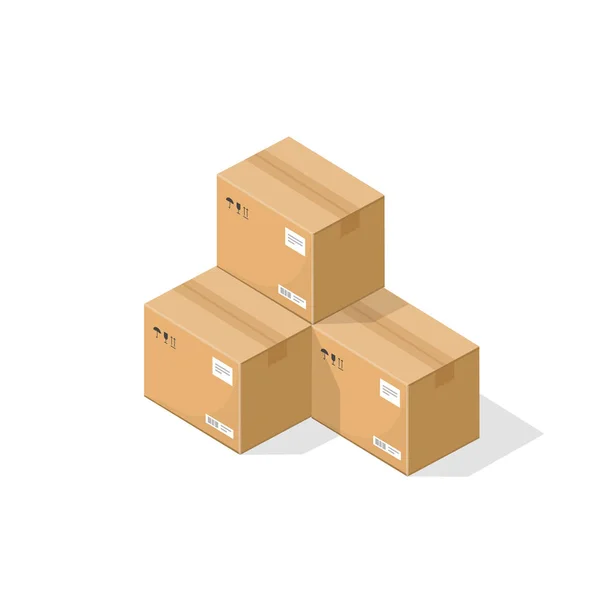 Векторная иллюстрация коробок посылок, складские части, коробки для перевозки картонных грузов, упаковочная бумажная коробка плоская изометрическая оболочка из мультфильма — стоковый вектор