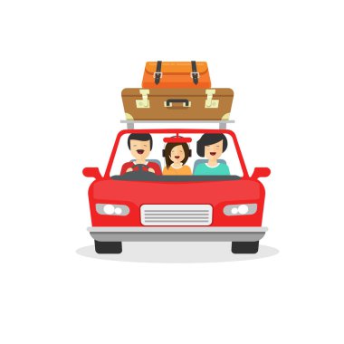 Aile gezisi tarafından araba vektör çizim, karikatür mutlu insanlar sürüş düz veya otomobil ile Bagaj, seyahat üzerinde beyaz arka plan clipart izole otomatik üzerinden seyahat