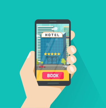 Hareket eden telefon vektör çizim, düz çizgi film smartphone ekranında, cep telefonu üzerinden online rezervasyon fikrinden otelle otelle rezervasyon
