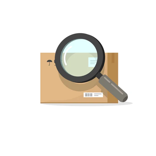 Ilustración vectorial de seguimiento de paquetes o pedidos, lupa plana de dibujos animados que busca o encuentra la caja del paquete, concepto de clipart logístico de envío — Vector de stock