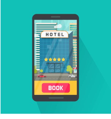 Hareket eden telefon vektör çizim otelle rezervasyon, düz çizgi film smartphone ekranında, cep telefonu üzerinden online rezervasyon fikrine şehirde 5 yıldız otel ile izole küçük resim küçük resim