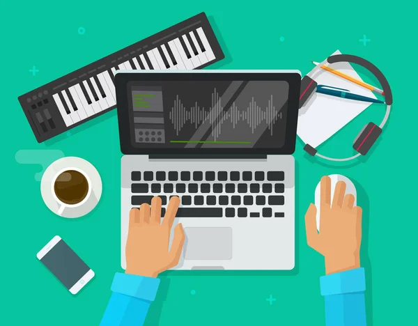 Músico espacio de trabajo ilustración vectorial estudio, persona de dibujos animados plana componer música electrónica en el ordenador portátil con teclado de piano midi y software de secuenciador, músico escribir canción en clipart escritorio — Vector de stock