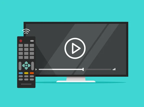 De flatscreen tv kijken video film en afstandsbediening, platte cartoon televisie weergave en film of film op scherm clipart — Stockvector
