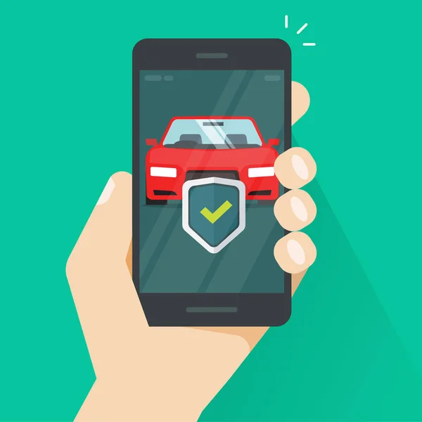 Κινητό τηλέφωνο αυτοκινήτου εικονογράφηση φορέα προστασίας, επίπεδη smartphone με αυτοκινητική ασπίδα προστατεύονται και σημάδι επιλογής, η έννοια της απόστασης αυτόματης ασφάλειας, τηλεχειριστήριο οχήματος φρουρά σημάδι — Διανυσματικό Αρχείο