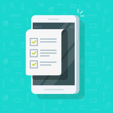 Vektör çizim, düz çizgi film smartphone ekran belge veya liste onay kutularını, anket, online bilgi yarışması, tamamlanan işler veya yapılan test, geribildirim kavramı ile yapmak için cep telefonu ve denetim listesi