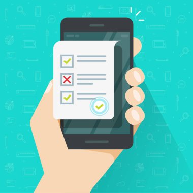 Online formu anket smartphone vektör çizim, düz çizgi film cep telefonu ve bilgi yarışması sınav sayfa belge simgesi, on-line anket sonuçları, cep telefonu üzerinde kontrol listesi veya Internet testi