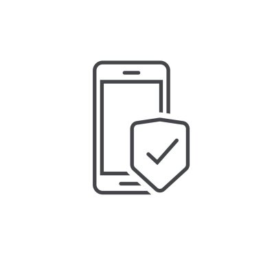 Cep telefonu güvenlik koruma vektör simgesi, kalkan işareti ile korunan satır anahat sanat smartphone, cep telefonu koruma veya güvenlik güvenli teknoloji kavramı izole