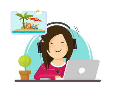 Bilgisayarda çalışarak ve seyahat, tatil köyü denize, rahatlatıcı macera yolculuğun masaüstü pc üzerindeki iş düz çizgi film kişi rüya kız karakter İşyeri ve yaz yolculuk rüya clipart