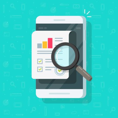 Araştırma raporu sonuçları üstünde hareket eden telefon vektör illüstrasyon, akıllı telefon, cep telefonu ve büyüme grafik veya Çizelge iyi finansal değerlendirme clipart üzerinde düz çizgi film kaliteli veri ya da denetim istatistikleri