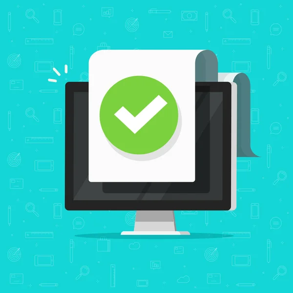 Ordenador con marca de verificación o notificación de marca en el icono del vector de documento, PC de diseño plano con hoja de papel doc aprobado, idea de la tarea realizada, actualizar o descargar completa, aceptar o aprobar clipart marca de verificación — Vector de stock