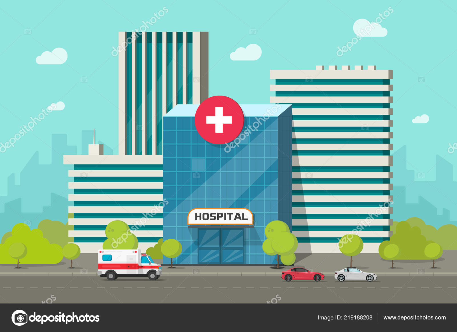 Ilustração do vetor do edifício do hospital, desenho animado plano moderno  centro médico ou clínica na cidade clipart de rua Vetor de stock de  ©vladwel 219188208, image size:1600x1164