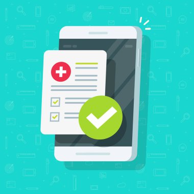 Tıbbi formu liste sonuçları veri, onaylanmış onay işareti üstünde hareket eden telefon ile vektör, düz çizgi film klinik denetim listesi belge onay kutusunu smartphone, elektronik online sigorta, ilaç Servisi ile