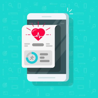 Hareket eden telefon vektör sağlık ve fitness izci app, düz çizgi film smartphone adımlar veya izleme veri ve darbe ya da kalp atışı tıbbi bilgileri ekranında, cep telefonu spor aktivite sayaç clipart çalıştırın