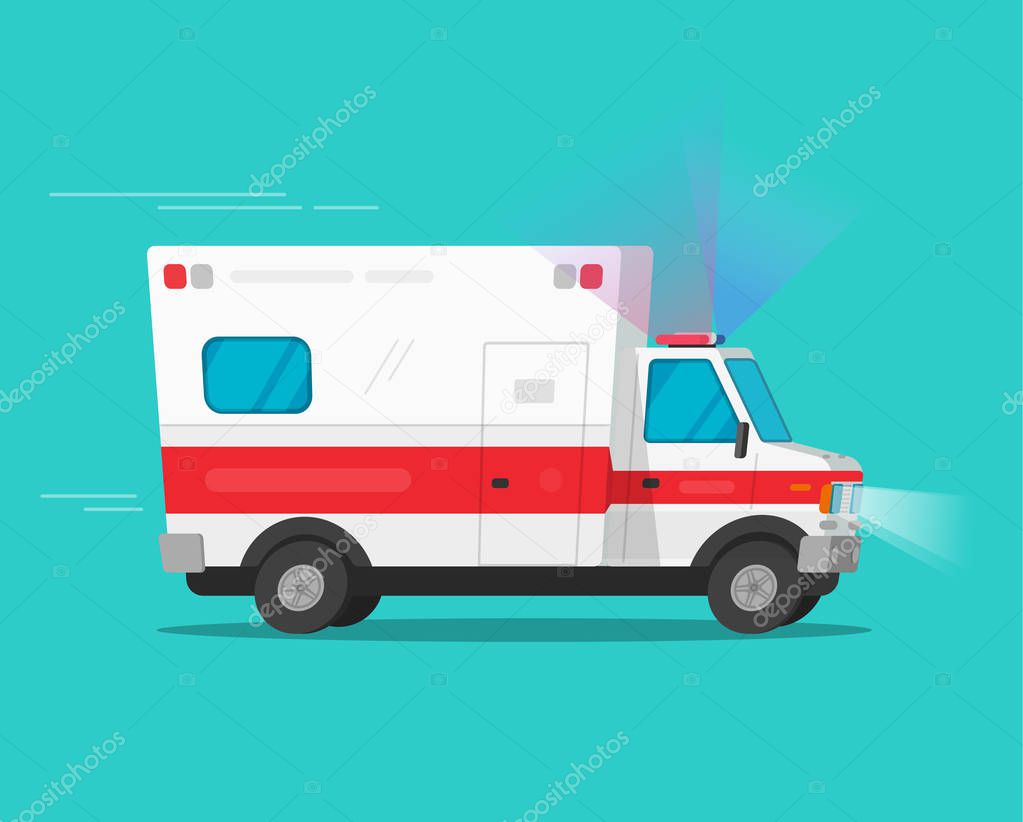 Ambulance emergency car moving fast vector illustration, flat cartoon comic medical vehicle auto with flasher light or siren isolated clipart