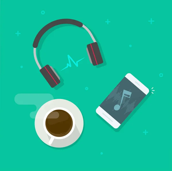 Мобільний телефон грає музику за допомогою бездротової гарнітури Векторна ілюстрація, маневрування або подкаст прослуховування через навушники та чашку кави на столі вид зверху, концепція розслаблення, розваг — стоковий вектор