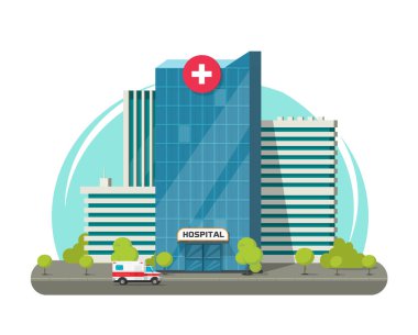 Hastane izole bina vektör çizim, düz çizgi film modern tıp merkezi veya klinik clipart