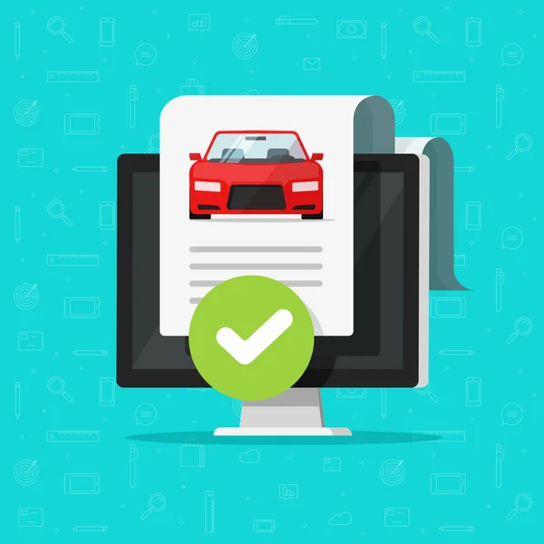 Documento de verificación o informe del historial del automóvil aprobado en el vector informático, buen vehículo de diagnóstico electrónico o servicio de monitoreo de automóviles pasado, prueba automática de dibujos animados planos y marca de verificación o marca de verificación en la PC — Archivo Imágenes Vectoriales