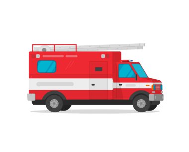 Kamyon vektör çizim, düz çizgi film İtfaiye Acil servis aracı üzerinde beyaz clipart izole ateş