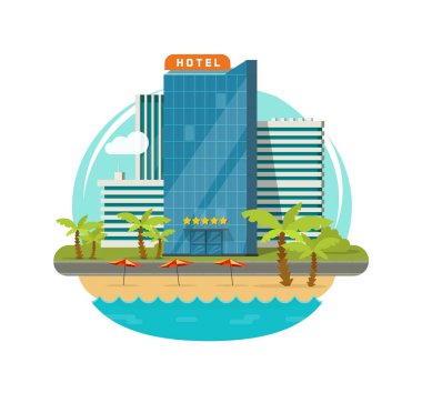 İzole deniz veya seafront resort view vektör çizim, düz çizgi film modern Eko Otel yeşil çimen, plaj ve mesire veya sokak clipart Binası yakınındaki otel