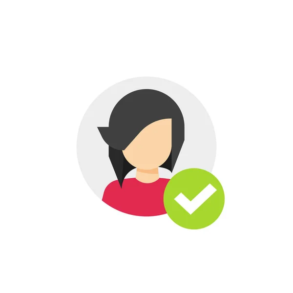 Profile with checkmark icon vector, flat cartoon user account accepted symbol with tick, approved or applied person sign, validation verified pictogram, authorized or choose member isolated clipart — Stock Vector