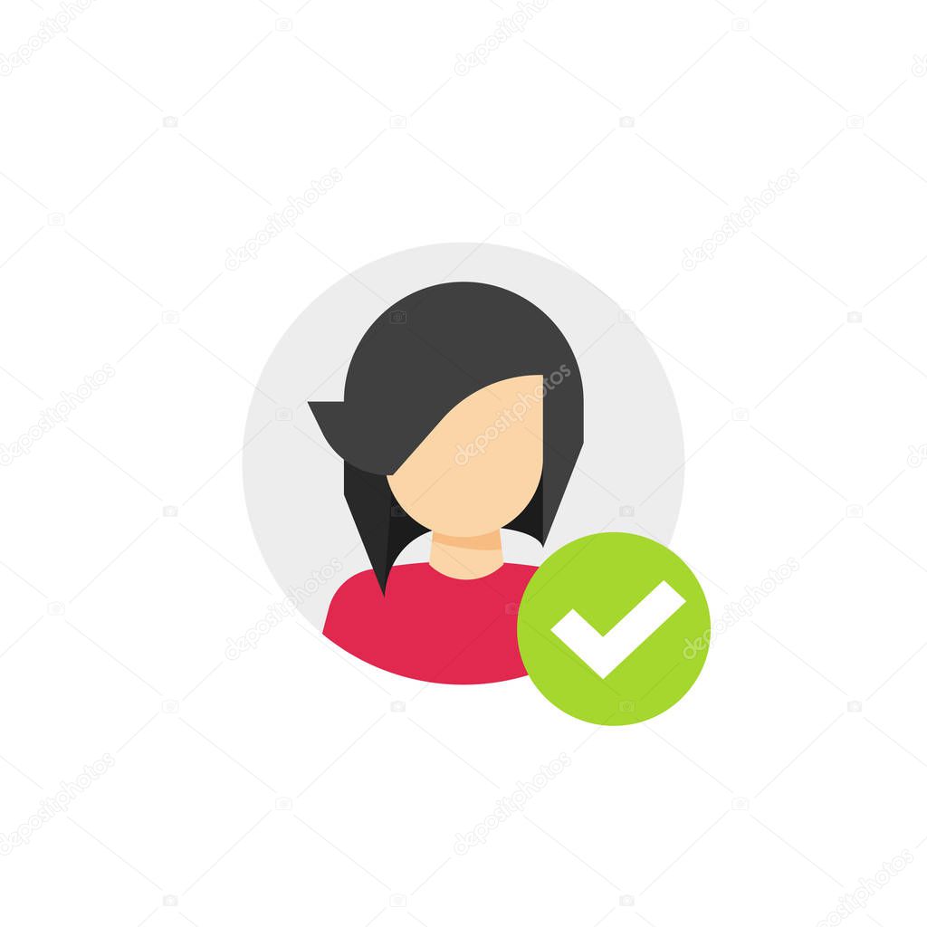 Profile with checkmark icon vector, flat cartoon user account accepted symbol with tick, approved or applied person sign, validation verified pictogram, authorized or choose member isolated clipart