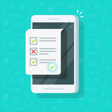 Online formu anket smartphone vektör çizim, düz hareket eden telefon ile bilgi yarışması sınav sayfa belge simgesi ve onaylanmış damga, on-line anket sonuçları, cep telefonu üzerinde kontrol listesi veya Internet testi