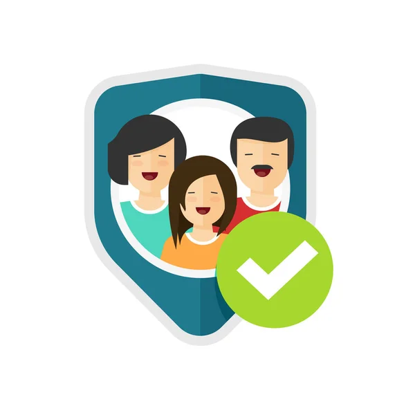 Family protection sign vector illustration, flat cartoon people group protected with shield and checkmark, family insurance or safety concept symbol or icon isolated clipart — Stock Vector