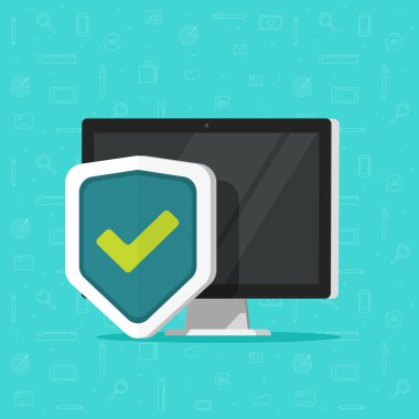 Bilgisayar koruma vektör simgesi, izole düz masaüstü pc kalkan simgesi, bilgisayar güvenliği, güvenlik duvarı teknolojisi, internet gizlilik güvenliği veya virüsten koruma, güvenli özel ağ ile korunan