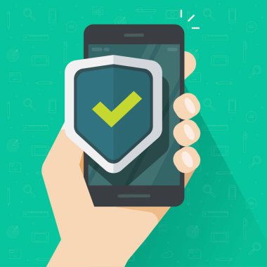 Cep telefonu güvenlik koruma vektör çizim, düz çizgi film smartphone kalkan işareti, cep telefonu koruma veya güvenlik güvenli teknoloji ile korunan