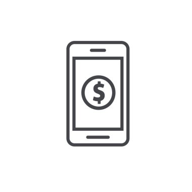 Para Doları para cep telefonu vektör simgesi, satır anahat smartphone nakit sembolü ile cep telefonu, cüzdan mali gelirler, elektronik veya dijital ödeme üzerinden para transferi kavramı