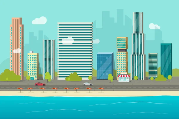 Edifícios da cidade do mar vista praia vetor ilustração, desenhos animados planos arranha-céus da cidade alta edifícios à beira-mar, paisagem moderna da cidade, paisagem urbana ou costa cityscape clipart —  Vetores de Stock