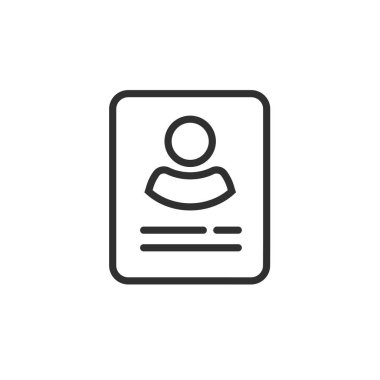 Kişisel bilgi veri simge vektör, izole satır anahat Kullanıcı, profil kartı detayları sembolü, benim hesap piktogram fikir, kişi fotoğraf ve metin sembol ile kimlik belgesi