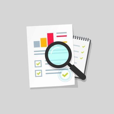 Denetim araştırma vektör simge, düz çizgi film kağıt mali rapor veri analizi tablo, grafikler ve dijital belge başarı onay clipart muhasebe Analytics'le kavramı