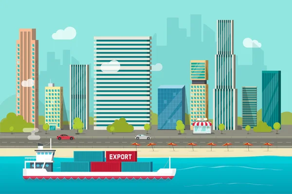 Βαριά θαλάσσιας πλοίου μεταφοράς εμπορευματοκιβωτίων που πλέει στον ωκεανό ή θάλασσα λιμάνι με διάνυσμα εμπορευματοκιβώτια φορτίου, επίπεδη χαρτοκιβώτιο αποστολής μεταφοράς σκάφους ή containership επιπλέουν κοντά πόλη λιμάνι ακτή — Διανυσματικό Αρχείο