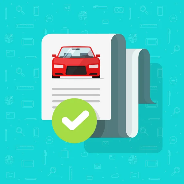 Verificación del historial del coche o informe documento aprobado vector, buen vehículo electrónico de diagnóstico exitoso o servicio de monitoreo de automóviles, prueba automática plana de dibujos animados con marca de verificación o clipart de garrapatas — Archivo Imágenes Vectoriales