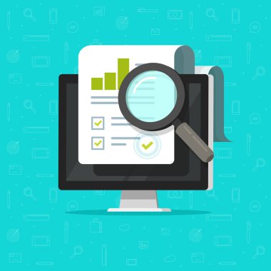 Denetleme bilgisayar vektör araştırma, düz çizgi film büyük kağıt mali rapor veri analizi pc ve Büyüteç, grafikler grafikler, dijital belge başarı onay clipart Analytics'le muhasebe kavramı
