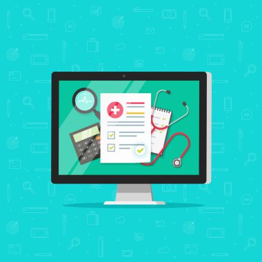 Tıbbi online araştırma raporu bilgisayar vektör, düz çizgi film sağlık veya sigorta tıbbi kayıt kağıt belge üstünde pc, dijital tıp kontrol listesi, kavramı iyi test Internet analiz onaylandı