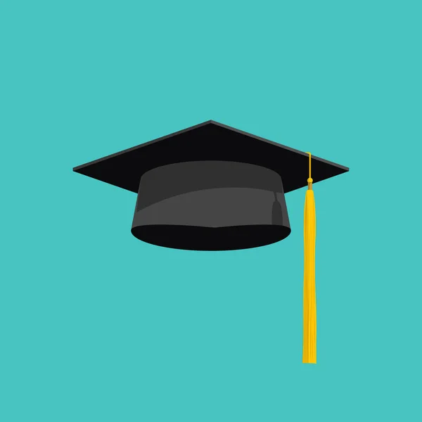 Vetor de tampa de graduação isolado em fundo azul, chapéu de graduação com ícone de borla plana, boné acadêmico, imagem de boné de graduação, boné de graduação — Vetor de Stock