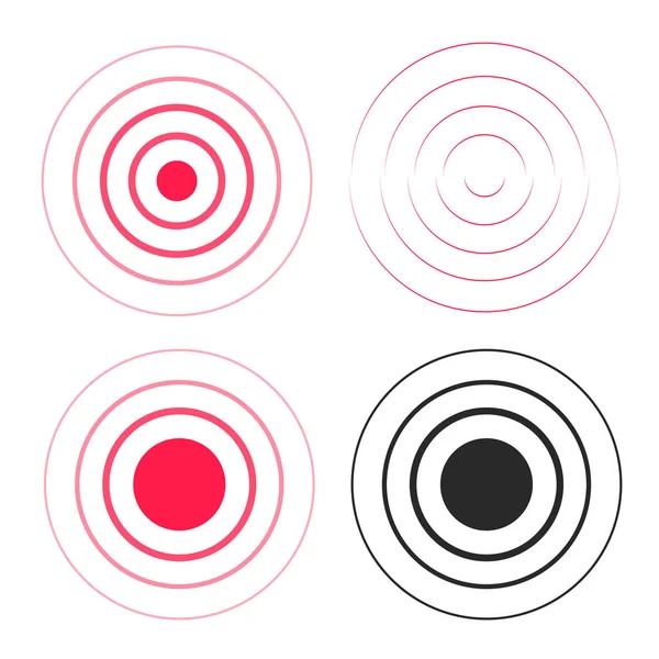 Красная рябь колец звуковых волн иконки установлены, линия круга градиент, радиосигнал черно-белые линии с большой точкой в центре, вода капли волн, эпицентр дизайн элемента изолированы на белом — стоковый вектор