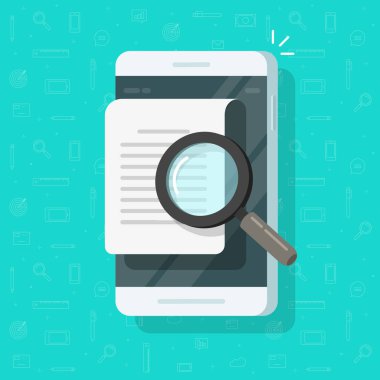 Mobile phone document analyzing vector, flat cartoon smartphone with magnifying glass researching data, concept of online audit analysis, electronic doc search, message review clipart