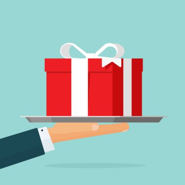 Hediye veren vektör çizim, düz çizgi film kişi el Kırmızı hediye kutusu mevcut izole clipart sunan