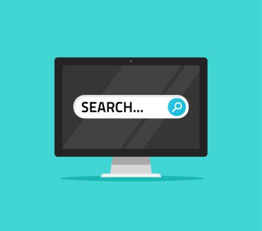 Bilgisayar vektör çizim, düz çizgi film pc ekran Internet arama teknolojisi izole sayfa simgesi clipart ile arama