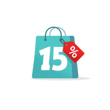 Satılık etiketi vektör rozet şablon, 15 off Satılık etiket sembolü, 15 indirim promosyon düz simgesi, tasfiye satışı etiket amblemi, pazarlık mavi işareti alışveriş çantası tahıl retro tasarım izole clipart